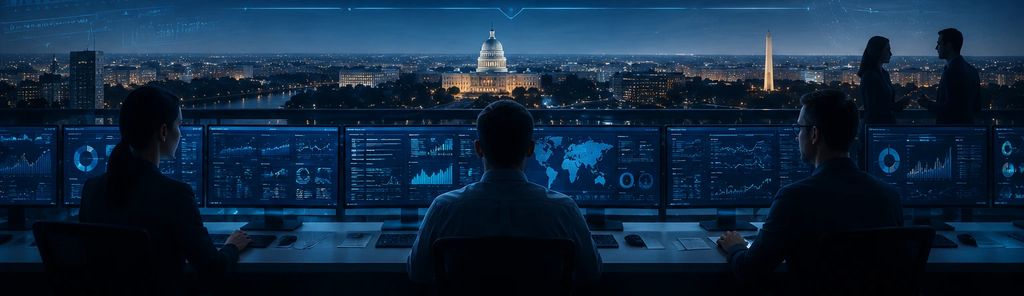Analysts at a mission operations centre, banks of dashboards in front of them, overlooking the Washington, D.C. skyline at night.